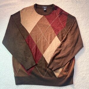 Dockers XXL Argyle Sweater Brown Tan Burgundy Diamond Knit Acrylic Crewneck